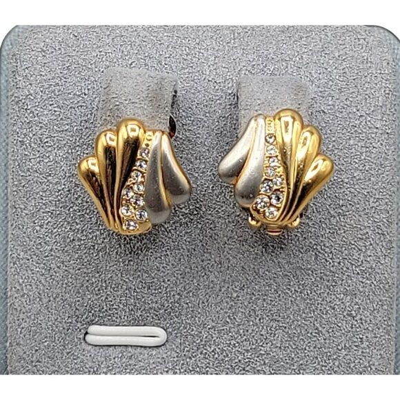 Yves Saint Laurent Clip-on Earrings Gold Plated Shell Shaped Swarovski C…